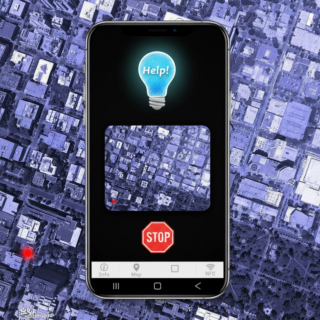 Blue Light Android app mockup — Blue Aura Safety LLC mobile application interface showing safety features