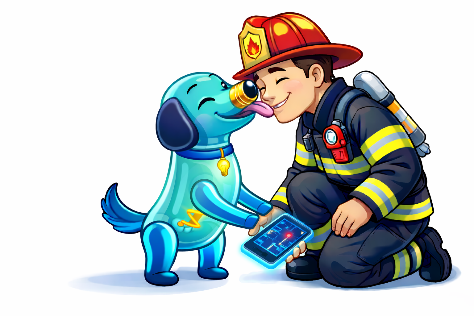 Firefighter and Bluebee dog rescued using Blue Aura Safety LLC collar technology with 0.36m triangulation accuracy