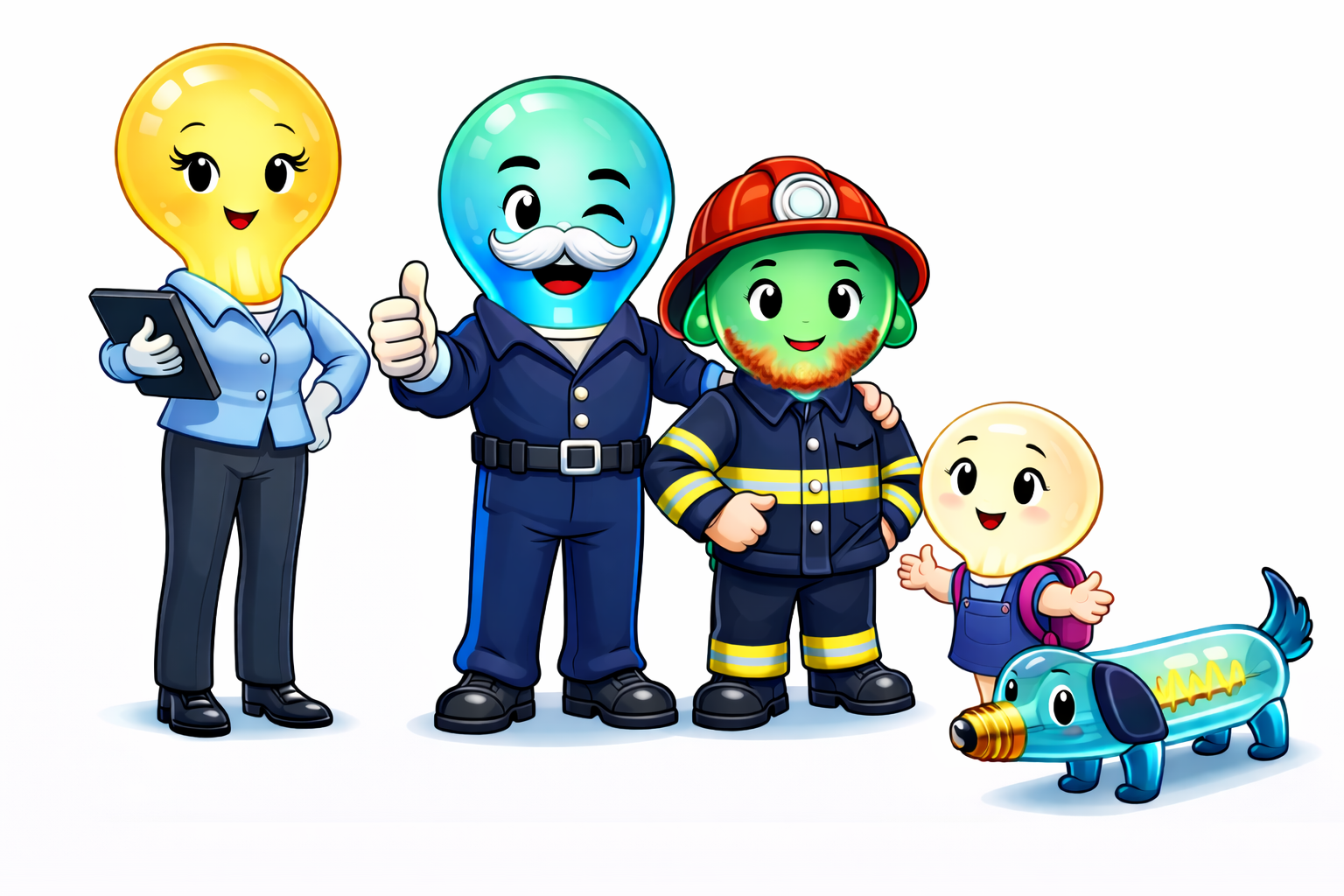 Bluey Family — Blue Aura Safety LLC characters including Golden Mom, Uncle Bluey, Turk the Firefighter, Little Bulb, and The Dachshund