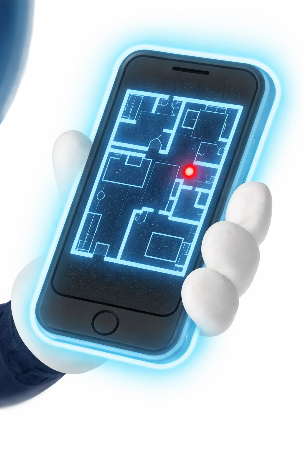 Uncle Bluey holding phone showing indoor floor plan with Beacon Finder technology by Blue Aura Safety LLC